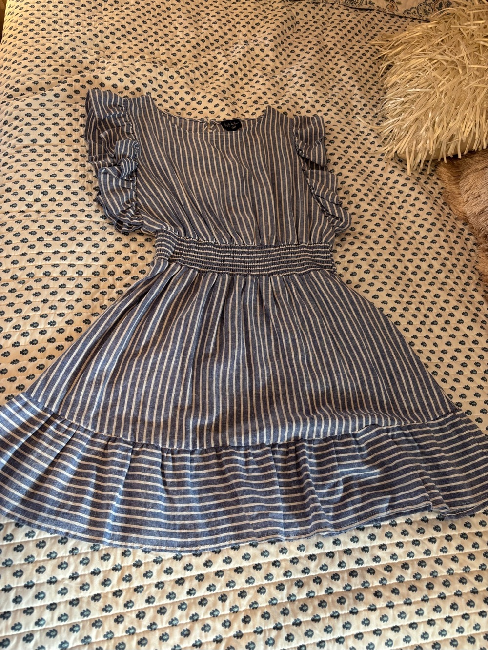 Nicole Miller Blue and White Striped Ruffle-Sleeve Mini Dress